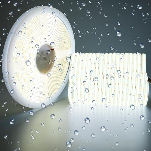GOMING 24V 15M COB LED Streifen Kaltes Weiß 6000K Wasserdicht IP65 LED Strip 384LED/M LED Band Selbstklebend CRI 93+ Hohe Helligkeit 11000lm Lichtband für Heim Deko(Netzteil nicht Enthalten) von GOMING