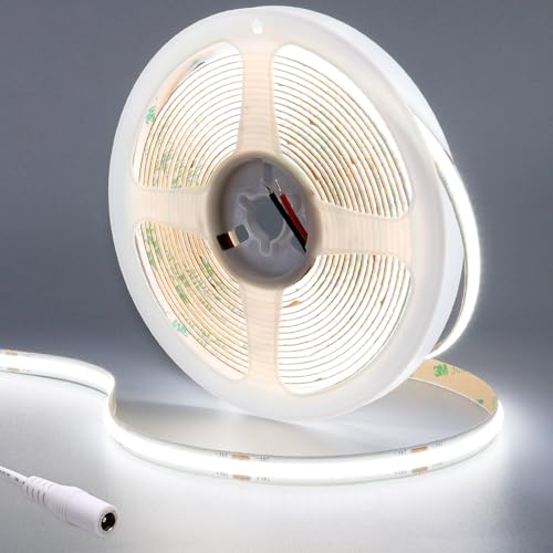 GOMING 24V COB LED Strip Kaltes Weiß 6000K 5M LED Streifen 320LED/M LED Band Selbstklebend CRI 93+ Hohe Helligkeit 4300lm Nicht Wasserdicht IP20 LED Lichtband für Innen Heim Küche Deko(Nur Strip) von GOMING