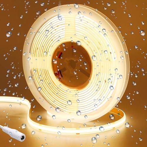 GOMING 24V COB LED Streifen Warmweiss 3000K 5M Wasserdicht IP65 LED Strip 480LED/M Keine Lichtflecken CRI 93+ Hohe Helligkeit 4300lm LED Lichtband für Heim Küche Deko(Nur Strip) von GOMING