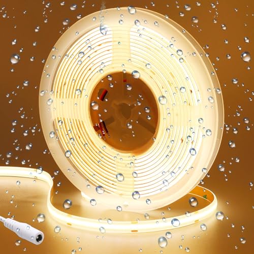GOMING 24V COB LED Streifen Warmweiss 3000K 5M Wasserdicht IP65 LED Strip 480LED/M Keine Lichtflecken CRI 93+ Hohe Helligkeit 4300lm LED Band Selbstklebend für Heim Deko(Netzteil nicht Enthalten) von GOMING