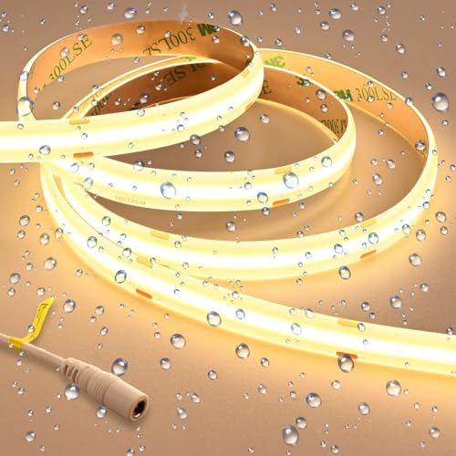 GOMING 24V Superhell COB LED Streifen Warmes Weiß 3000K 5M LED Strip 2050LM/M 14.5W/M 480LED/M IP65 Wasserdicht LED Band Selbstklebend CRI 93+ für Heim Deko(Netzteil nicht Enthalten) von GOMING