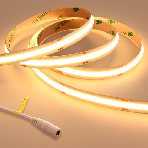 GOMING 24V Superhell COB LED Streifen Warmes Weiß 3000K 5M LED Strip 2050LM/M 14.5W/M 480LED/M LED Band Selbstklebend CRI 93+ IP20 Nicht Wasserdicht für Heim Deko(Netzteil nicht Enthalten) von GOMING