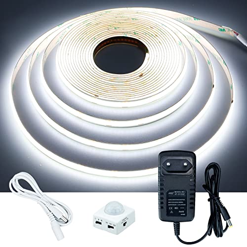 GOMING COB LED Strip mit Bewegungsmelder Netzteil Kaltes Weiß 6000K 5M LED Streifen CRI 93+ LED Band Selbstklebend für Treppen Kinderzimmer Schränke Bettlampenbeleuchtung von GOMING