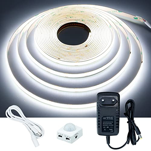 GOMING 12V 5M COB LED Streifen mit Bewegungsmelder Netzteil Kaltes Weiß 6000K LED Strip IP20 Nicht Wasserdicht LED Band Selbstklebend für Treppen Kinderzimmer Schränke Bettlampenbeleuchtung von GOMING