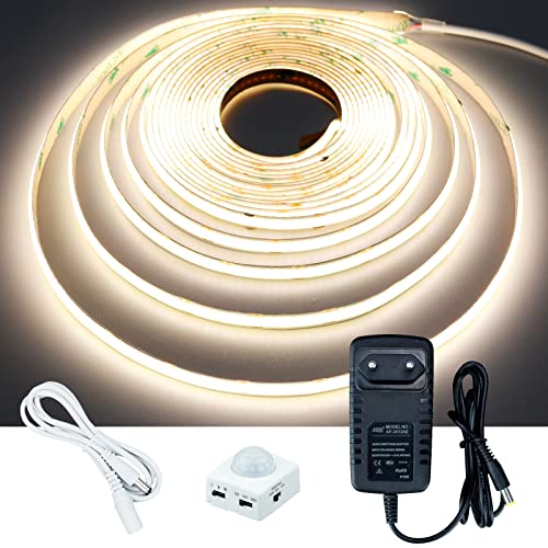 GOMING 12V 5M COB LED Streifen mit Bewegungsmelder Netzteil Natürliches Weiß 4000K LED Strip IP20 Nicht Wasserdicht LED Band Selbstklebend für Treppen Kinderzimmer Schränke Bettlampenbeleuchtung von GOMING