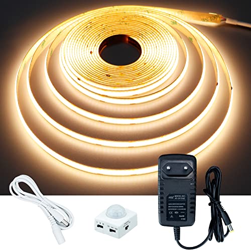 GOMING 12V 5M COB LED Streifen mit Bewegungsmelder Netzteil Warmweiß 3000K LED Strip IP20 Nicht Wasserdicht LED Band Selbstklebend für Treppen Kinderzimmer Schränke Bettlampenbeleuchtung von GOMING
