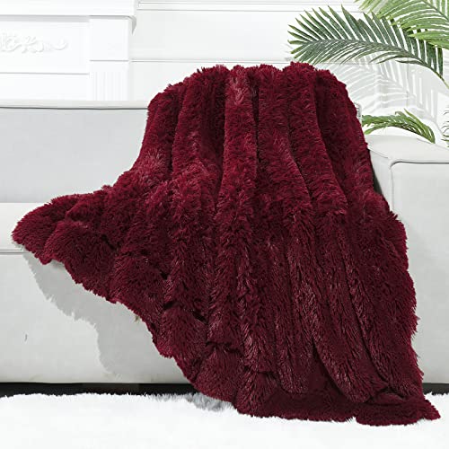 GONAAP Faux Fur Throw Blanket Decorative Super Soft Fuzzy Shaggy Luxurious Cozy Plush Fluffy Long Hair Comfy Microfiber Fleece Reversible for Coach Bed Chair Sofa Wine Red 50" 60" von GONAAP