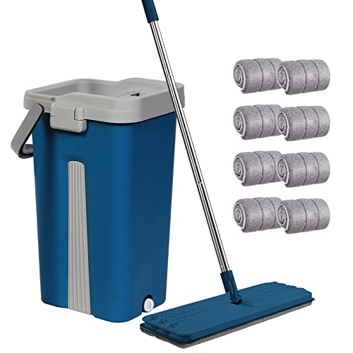 Wischmopp und Eimer Set, Mikrofaser Flachmop für Nass & Trocken mit Edelstahlgriff, Doppelkammer-Eimer geeignet für alle Floor (Blau) von GONICVIN
