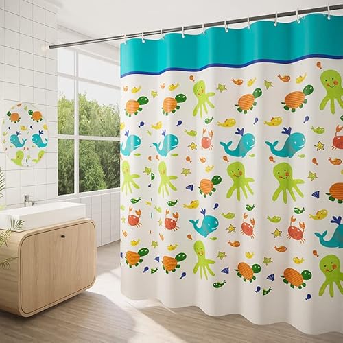 GONOVE Duschvorhang für Badezimmer 150 x 180 cm Schimmelresistent Dicke Polyester Stoff Cartoon Tiere Duschvorhang Liner Wasserdichter Langer Badevorhang mit Haken, waschbar und gewogen Saum von GONOVE