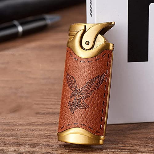 Metall Leder Jet Feuerzeug, Vintage Butan Nachfüllbar Gas Torch Jet Feuerzeuge Winddicht Blau Flam Feuerzeug Gadget Männer Geschenke (Color : Brown- B) von GOOBIX