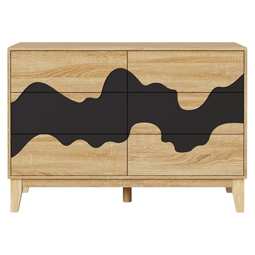 GOOBUY Kommode mit 6 Schubladen, Sideboard mit unregelmäßigem Wellenmuster, Moderner Schrank Aufbewahrungskommode Schlafzimmer Wohnzimmer Flur, 100 x 35 x 72cm Natur und schwarz von GOOBUY