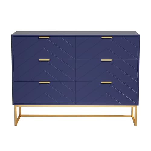 GOOBUY Kommode mit 6 Schubladen Schrank mit Metallfuß Metallgriffe Sideboard mit Kippschutz Highboard schmal Schlafzimmer Flur 100x34x73,5cm dunkel blau von GOOBUY
