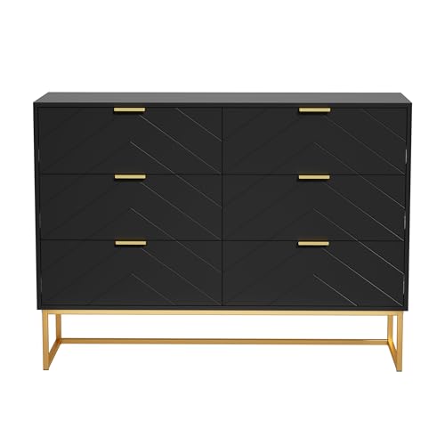 GOOBUY Kommode mit 6 Schubladen Schrank mit Metallfuß Metallgriffe Sideboard mit Kippschutz Highboard schmal Schlafzimmer Flur 100x34x73,5cm schwarz von GOOBUY