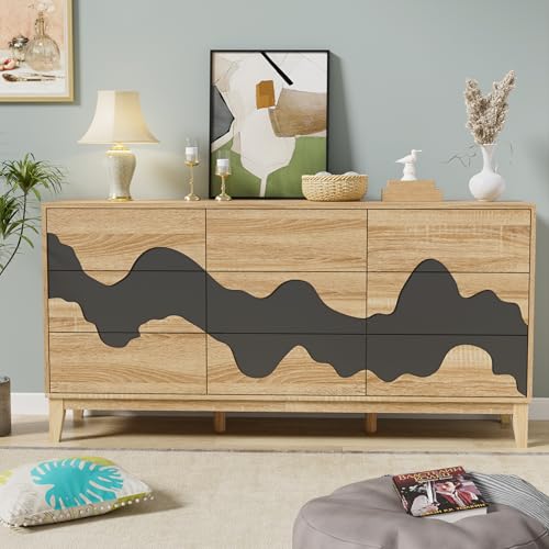 GOOBUY Kommode mit 9 Schubladen, Sideboard mit unregelmäßigem Wellenmuster, Moderner Schrank Schlafzimmer Wohnzimmer Flur, 160 x 40 x 78,5cm Natur und schwarz von GOOBUY