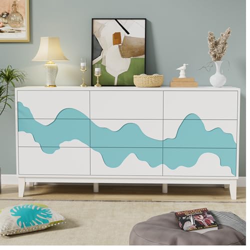 GOOBUY Kommode mit 9 Schubladen, Sideboard mit unregelmäßigem Wellenmuster, Moderner Schrank Schlafzimmer Wohnzimmer Flur, 160 x 40 x 78,5cm weiß und blau von GOOBUY