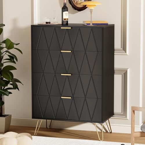 GOOBUY Kommode mit Schubladen, Kommodeschrank, Aufbewahrungsschrank mit 4 Schubladen, Beistellschrank, Sideboard, Schubladenschrank für Wohnzimmer, Schlafzimmer, Flur 60 x 34 x 91 cm(schwarz) von GOOBUY