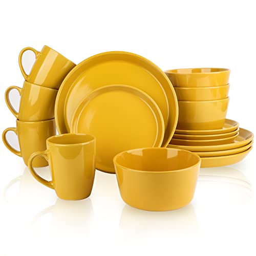 GOOD ALWAYS 16-teiliges Geschirr-Set mit runden Tellern und Schüsseln, Esstisch-Set für 4, Keramik-Geschirr-Set ist Einweihungsgeschenke neues Zuhause (gelb) von GOOD ALWAYS