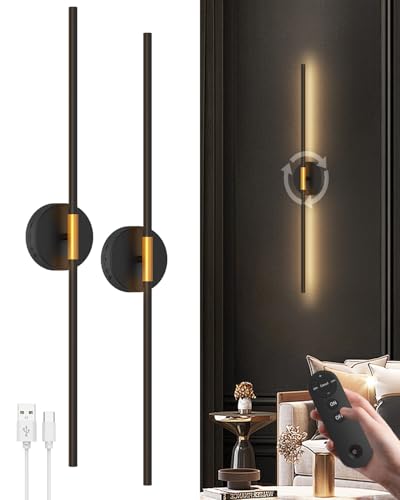 GOODEA Akku Wandleuchte Innen, Lang 72cm 3000K Dimmbar LED Wandlampe, USB Aufladbare Wandleuchte Inne Ohne Stromanschluss mit Fernbedienung und Timer für Wohnzimmer, Schlafzimmer [2 Stück,Schwarz] von GOODEA