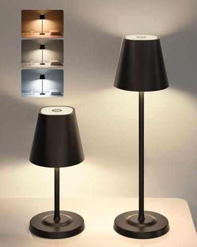 GOODEA LED Tischlampe Kabellos, Aufladbar Akku Tischleuchte mit 3 Höhen Verstellbar, 3 Farbten Dimmbare Wasserdichte Aluminium Touch Tischlampe für Esszimmer, Schlafzimmer, Terrasse [2er Set,Schwarz] von GOODEA