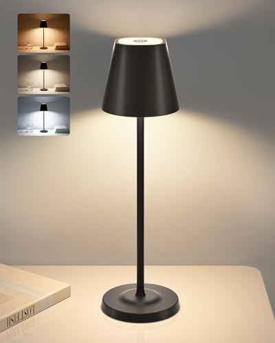 GOODEA Kabellose Tischlampe mit 3 Höhen Verstellbar 5500mAh Akku Tischleuchte - 3 Farbten Dimmbare Wasserdichte Aluminium LED Touch Tisch Lampe für Esszimmer Schlafzimmer Terrasse, Schwarz von GOODEA