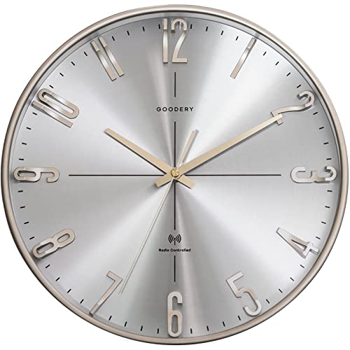 GOODERY Funkwanduhr Ø 30 cm Leise 3D | Große, Moderne, Analoge Wanduhr ohne Laute Tickgeräusche, Fast lautlos | Dekoration für Jede Wand | Uhr, Funk | Funkuhr | Silber von GOODERY