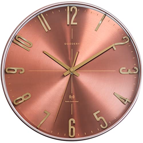 GOODERY Funkwanduhr Ø 30 cm Leise 3D | Große, Moderne, Analoge Wanduhr ohne Laute Tickgeräusche, Fast lautlos | Dekoration für Jede Wand | Uhr, Funk | Funkuhr | Roségold von GOODERY