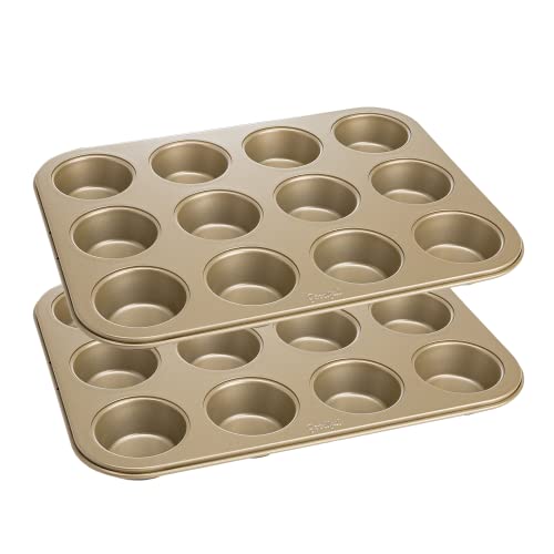 Goodful Antihaft-Muffinform-Set, robuster Karbonstahl mit Schnellverschluss-Beschichtung, hergestellt ohne PFOA, spülmaschinenfest, 2er-Pack, Backformen-Set, 12 Tassen, Champagner-Gold von GOODFUL