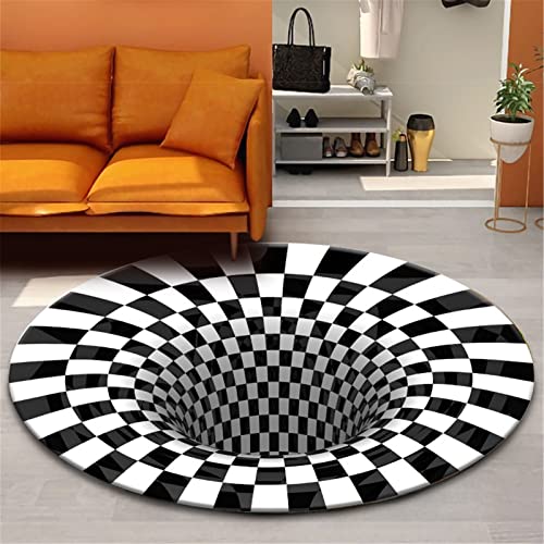 GOODLUKY 3D Teppich Rund rutschfest Fußmatte 3D Teppich Optische Täuschung Loch Teppich Schwarz-Weiß Karierter Vortex Illusions Teppich Für Wohn-Esszimmer Schlafzimmer Küche Indoor Outdoor,3,60cm von GOODLUKY