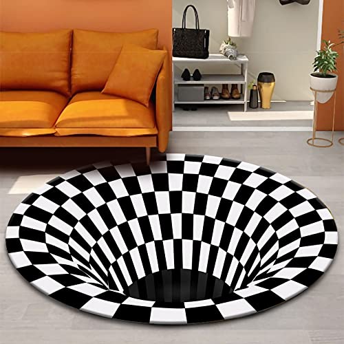 GOODLUKY 3D Teppich Rund rutschfest Fußmatte 3D Teppich Optische Täuschung Loch Teppich Schwarz-Weiß Karierter Vortex Illusions Teppich Für Wohn-Esszimmer Schlafzimmer Küche Indoor Outdoor,1,100cm von GOODLUKY