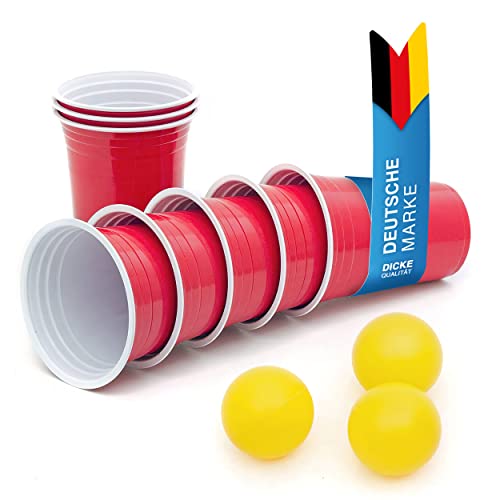 50 Stück Rote Partybecher; Wiederverwendbare Getränkebecher Red Cups Beer-Pong Saufbecher Trinkbecher 16 oz Kunststoff Party-Becher Plastikbecher; Set inkl. 3 Tischtennis-Bälle & Bierpong Anleitung von GOODS+GADGETS