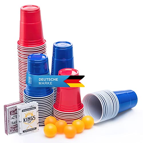 50 Stück Rote & 50 Stück Blaue Partybecher; Wiederverwendbare Getränkebecher Red Cups Trinkbecher 16 oz Kunststoff Party Becher Plastikbecher - Set inkl. 3 Tischtennis-Bälle + 2 Kartenspiele von GOODS+GADGETS