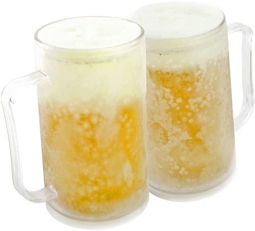 Bierkrug zum Einfrieren: Frozen Mug Eisbecher Eiskrug Kühlbecher 0,4 Liter 400 ml Trinkglas mit Kühlakku für dauerhaft eisgekühlte Getränke (2 Bierkrüge) von GOODS+GADGETS