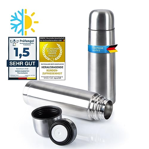 Edelstahl Thermosflasche mit Becher; Thermoskanne Doppelwandige Isolierkanne; Auslaufsicher, Spülmaschinenfest & BPA-frei; hält Getränke heiß & kalt (Silber, 500 ml) von GOODS+GADGETS