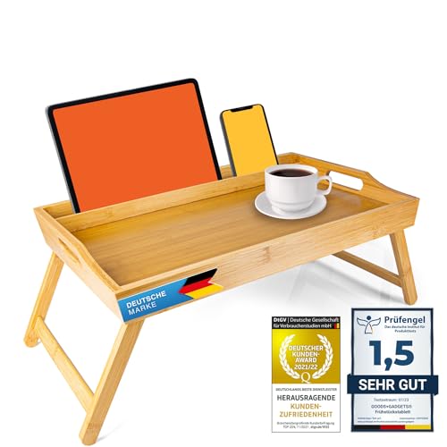 Frühstückstablett Bambus Bett-Tablett Serviertablett Betttisch mit klappbaren Beinen - auch als Lapdesk, Notebook-Tisch verwendbar (Deluxe) von GOODS+GADGETS
