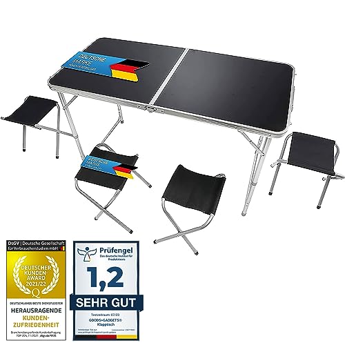 GOODS+GADGETS Klappbarer Multifunktionstisch Mehrzwecktisch Campingtisch Camping-Set Klapptisch Markttisch höhenverstellbarer Tapeziertisch Beistelltisch zum Campen (Schwarz: Tisch + 4 Stühle) von GOODS+GADGETS
