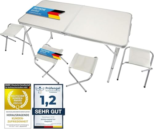 GOODS+GADGETS Klappbarer Multifunktionstisch Mehrzwecktisch Campingtisch Camping-Set Klapptisch Markttisch höhenverstellbarer Tapeziertisch Beistelltisch zum Campen (Weiß: Tisch + 4 Stühle) von GOODS+GADGETS