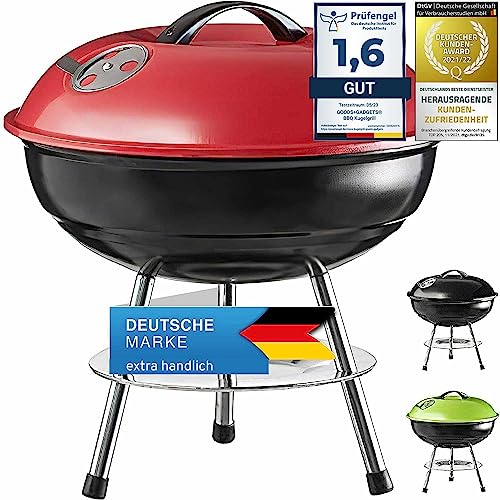 Micro BBQ Kugelgrill Mini Grill; Kompakter Reise Holzkohle-Grill Tischgrill Edelstahl emailliert 38cm - Grün (Rot) von GOODS+GADGETS