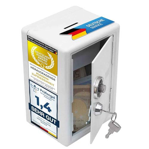 GOODS+GADGETS Spardose Mini-Tresor Safe Sparschwein Sparbüchse Geldkassette mit Zahlenschloss; originaler Tresor aus Metall, Weiß von GOODS+GADGETS