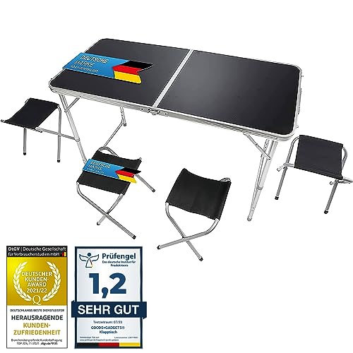 GOODS+GADGETS Klappbarer Multifunktionstisch Mehrzwecktisch Campingtisch Klapptisch Markttisch höhenverstellbarer Tapeziertisch Beistelltisch zum Campen (Camping Set mit 4 Stühlen - Schwarz) von GOODS+GADGETS