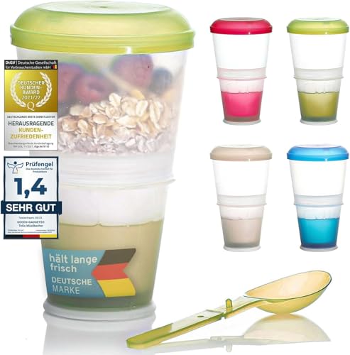 GOODS+GADGETS Müslibecher to Go Deluxe - Joghurt-Becher für unterwegs - Reise Lunchpot mit Löffel und Iso-Kühlfach für Müsli, Cerealien, Porridge und Obst (1, Grün) von GOODS+GADGETS