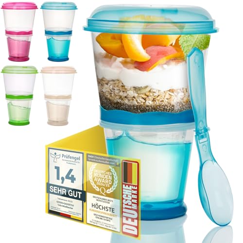 GOODS+GADGETS Müslibecher to Go Deluxe - Joghurt-Becher für unterwegs - Reise Lunchpot mit Löffel und Iso-Kühlfach für Müsli, Cerealien, Porridge und Obst (1, Blau) von GOODS+GADGETS