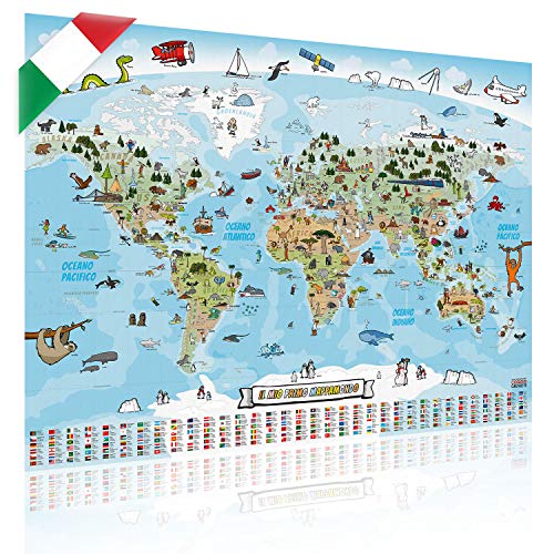 Panorama Weltkarte für Kinder XXL - 140x100cm Kinder-Weltkarte komplett handgezeichnet und koloriert (Italienisch) von GOODS+GADGETS