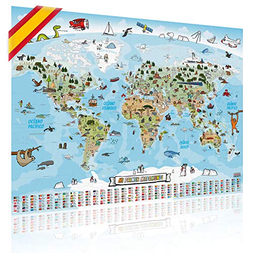Panorama Weltkarte für Kinder XXL - 140x100cm Kinder-Weltkarte komplett handgezeichnet und koloriert (Spanisch) von GOODS+GADGETS