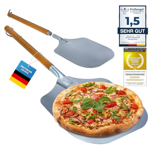 Profi Pizzaschaufel XXL, Aluminium Pizzaschieber Pizzaheber Brotback-Schieber platzsparendes Premium Modell Holz-Griff, eckiger Brotschieber Must-Have Zubehör für Pizzabäcker (Schraubbarer Griff) von GOODS+GADGETS