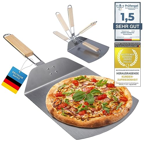 Profi Pizzaschaufel XXL, Aluminium Pizzaschieber Pizzaheber Brotback-Schieber platzsparendes Premium Modell Holz-Griff, eckiger Brotschieber Must-Have Zubehör für Pizzabäcker (Klappbarer Griff) von GOODS+GADGETS