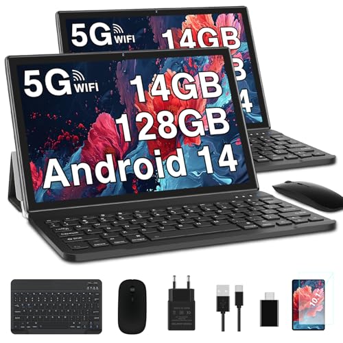 GOODTEL 2024 Neueste Tablet 10 Zoll 14GB RAM + 128GB ROM, Android 13 5G + 2.4G WiFi, 2.0Ghz Core, GPS, Bluetooth 5.0, 8MP + 5MP, Type C, OTG, Cast, Mit Schutzhülle, Tastatur und Maus(Schwarz) von GOODTEL