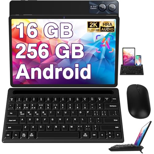 GOODTEL Android Octa Core 11 Zoll mit 16 GB RAM + 256 GB ROM (1TB TF) |13MP + 5MP, Touch-Tablet mit Hülle, Wireless Typewriter Office Keyboard and Mouse, Stand- Schwarz von GOODTEL
