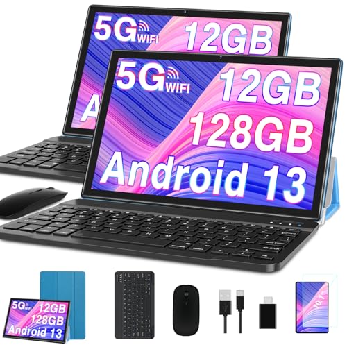GOODTEL Tablet 10 Zoll | Android 13 | 12GB RAM 128GB ROM (1TB TF) | Octa-Core | WiFi 5G | GPS | FHD | Bluetooth 5.0 | 8MP+5MP | Typ C|Cast | Tablet PC mit Hülle, Tastatur und Maus - Dunkelblau von GOODTEL