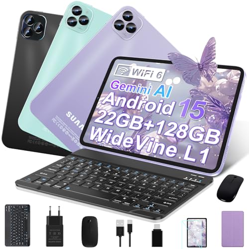GOODTEL Tablet PC 10.1 Zoll Android 15 Octa-Core, 22GB(8+14)+128 GB ROM, 5G + 2,4G WiFi, GMS, Bluetooth 5.0, 6000 MAh, SD-Kartenunterstützung, Tablet mit Tastatur und Maus – Lila von GOODTEL