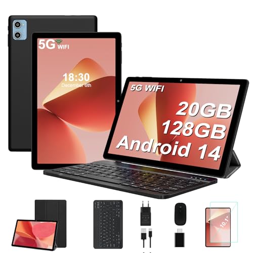 GOODTEL Tablet PC 10.1 Zoll Android 15 Octa-Core, 22GB(8+14)+128 GB ROM, 5G + 2,4G WiFi, GMS, Bluetooth 5.0, 6000 MAh, SD-Kartenunterstützung, Tablet mit Tastatur und Maus –Schwarz von GOODTEL